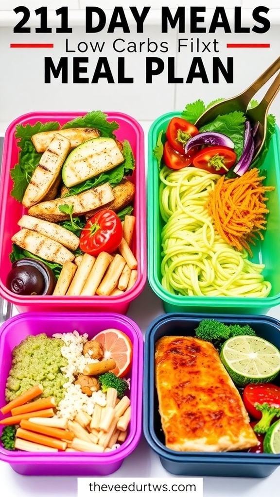 A selection of low carb meals including chicken salad, zucchini noodles, and salmon on a kitchen counter.